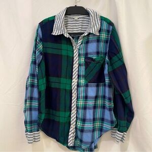Aerie Blue Green Mismatched Plaid Flannel Button Front Shirt Women’s Sz Small